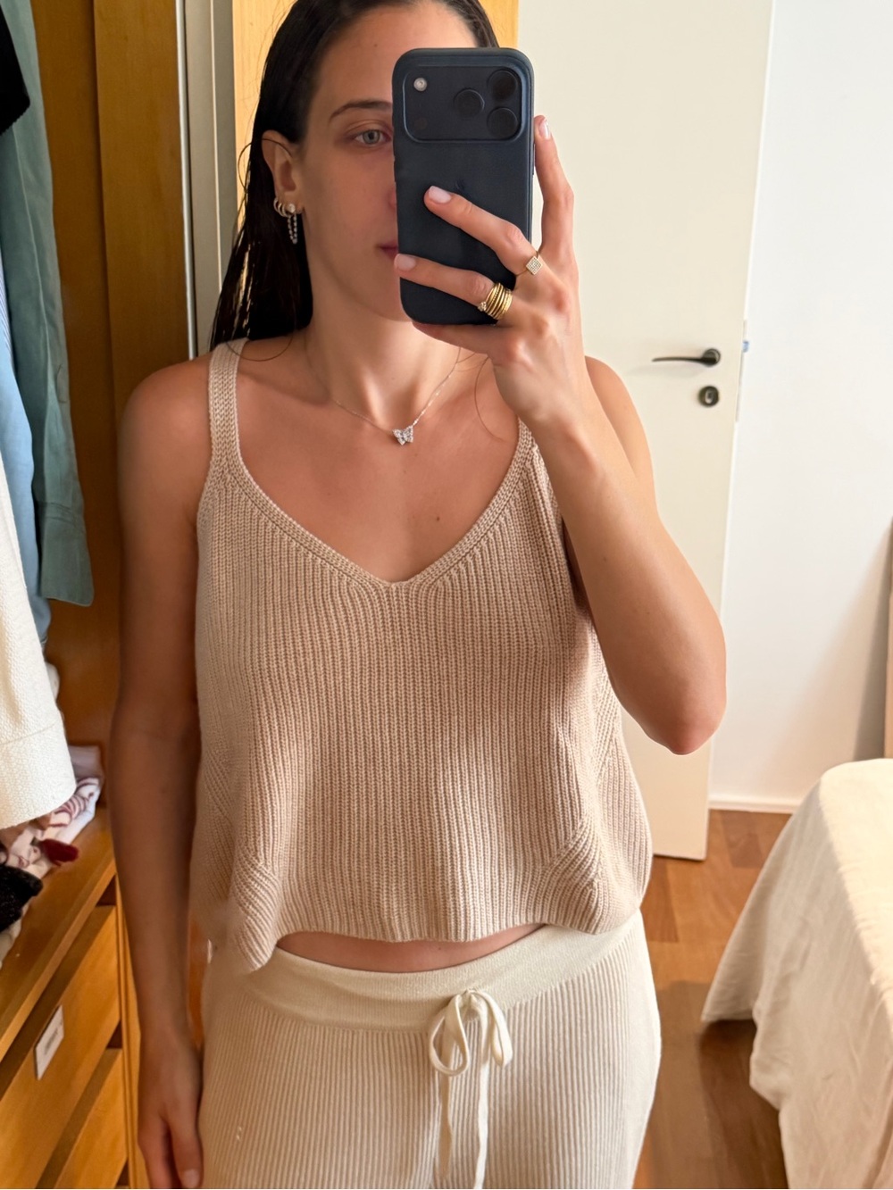 Knit V-Neck Tank Top in Beige
